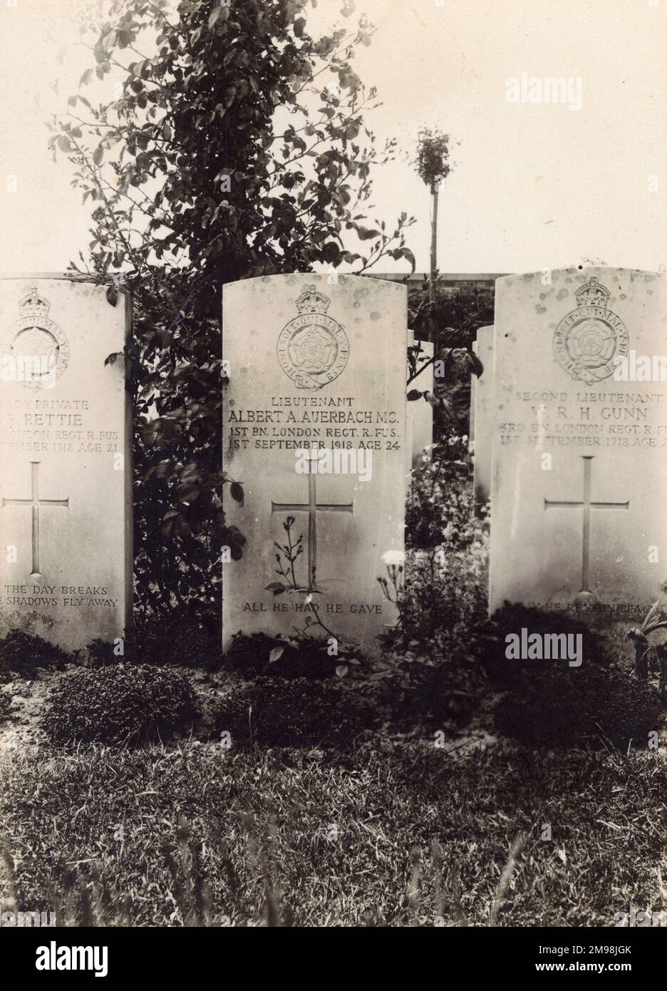 Grabsteine aus dem Ersten Weltkrieg, Sailly-Saillisel Militärfriedhof, Nordfrankreich, fotografiert im April 1930. In der Mitte befindet sich der Grabstein für Leutnant Albert, Mc Auerbach, des 1. Bataillonsregiments, Royal Fusiliers, der am 1. September 1918 im Alter von 24 Jahren in Bouchavesnes getötet wurde. Stockfoto
