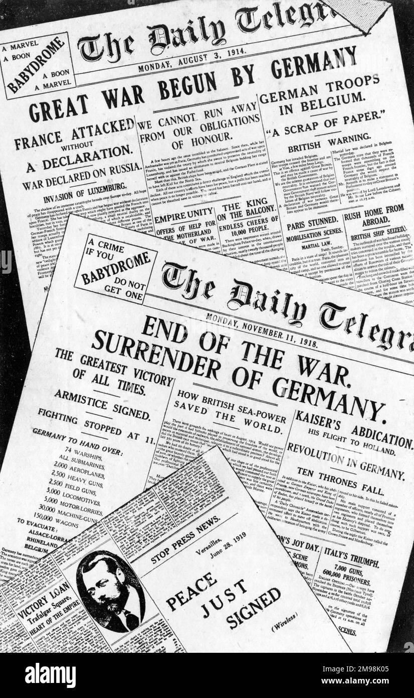 Daily Telegraph Titelseiten für den 3. August 1914 und den 11. November 1918, die den Beginn und das Ende des Ersten Weltkriegs markieren, und Stop Press News für den 28. Juni 1919 zur Bestätigung der Unterzeichnung des Friedensvertrags in Versailles. Stockfoto