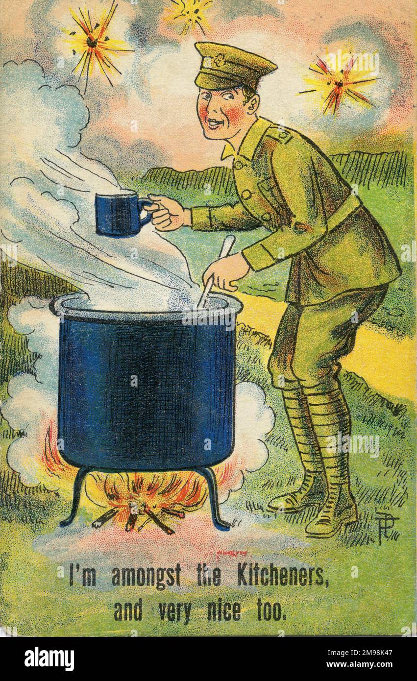 Humorvolle Postkarte, britischer Soldat an der Westfront -- ich gehöre zu den Kitcheners, und auch sehr nett. Stockfoto