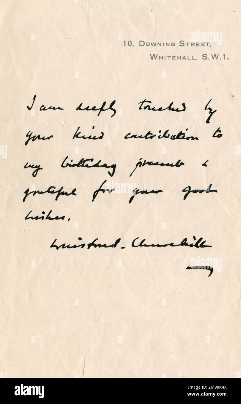 Dankesschreiben von Winston Churchill, britischer Premierminister, 10 Downing Street, Whitehall, SW1 – viele davon wurden reproduziert, um wie ein handgeschriebener Originalbrief auszusehen. Stockfoto