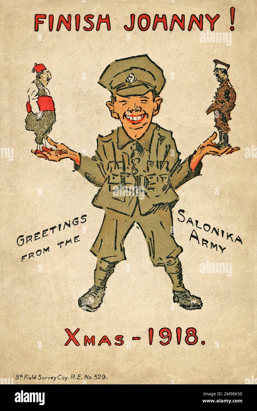 Humorvolle Postkarte, britischer Soldat in Salonika... Johnny fertig machen! Weihnachten 1918, 8. Field Survey Company Royal Engineers. Stockfoto