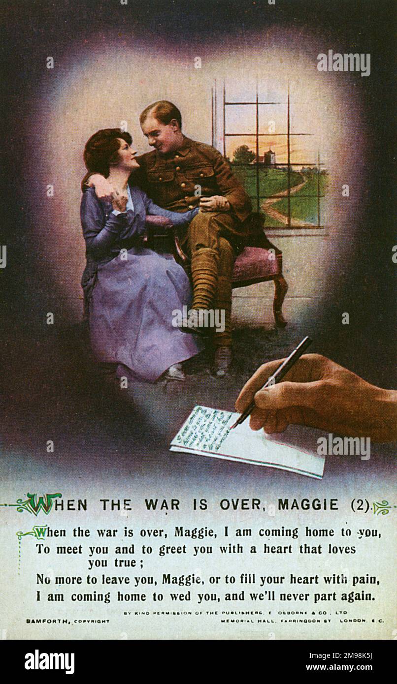 Wenn der Krieg vorbei ist, schreibt Maggie -- ein britischer Soldat an der Westfront einen Brief nach Hause an seine Liebe, mit einem Versprechen auf Heirat, wenn er zurückkehrt. (2 von 3) Stockfoto