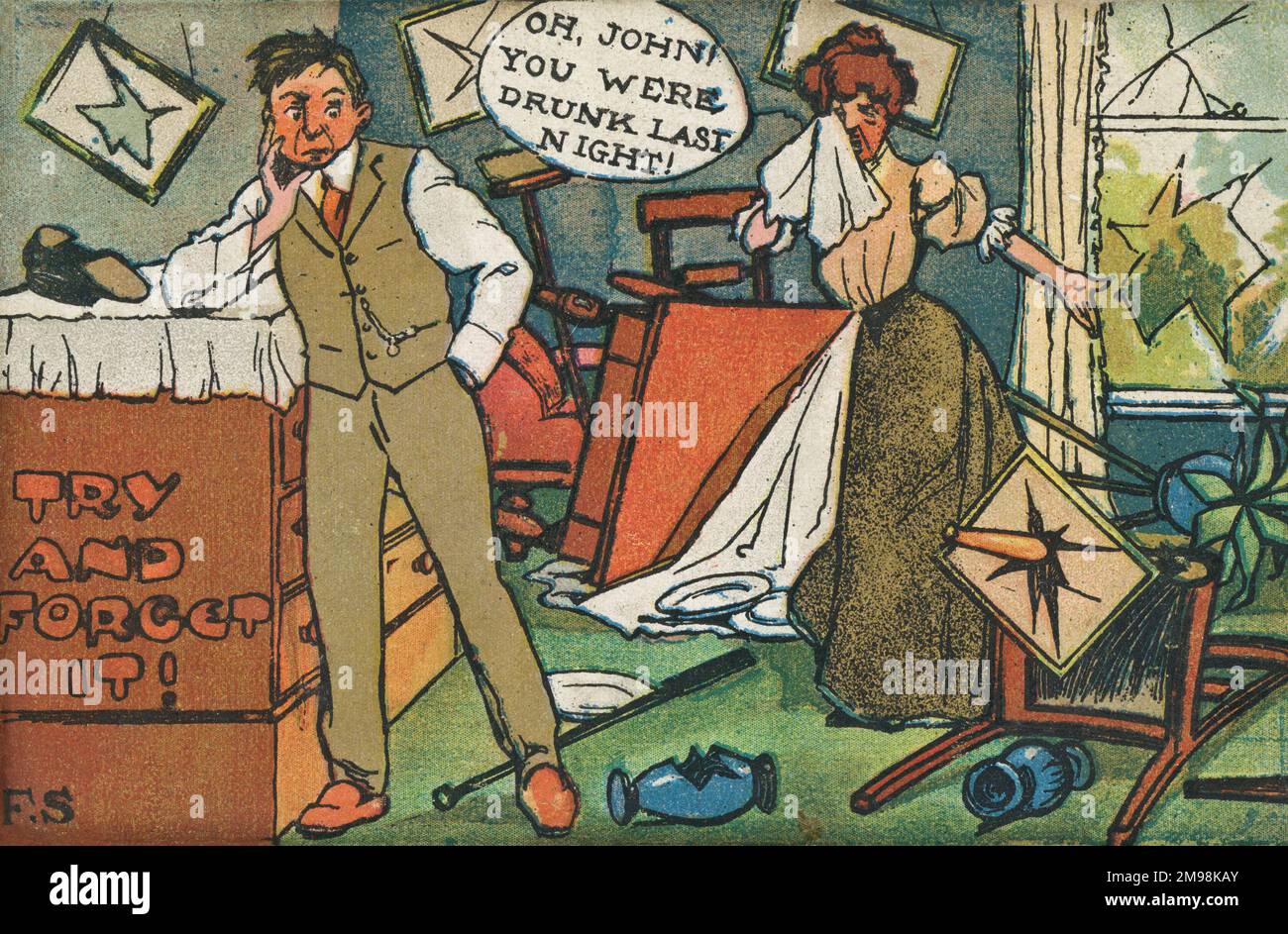 Comic-Postkarte, ein Paar in einem zertrümmerten Zimmer... Oh John, du warst gestern Abend betrunken! - Versuch es und vergiss es! Stockfoto