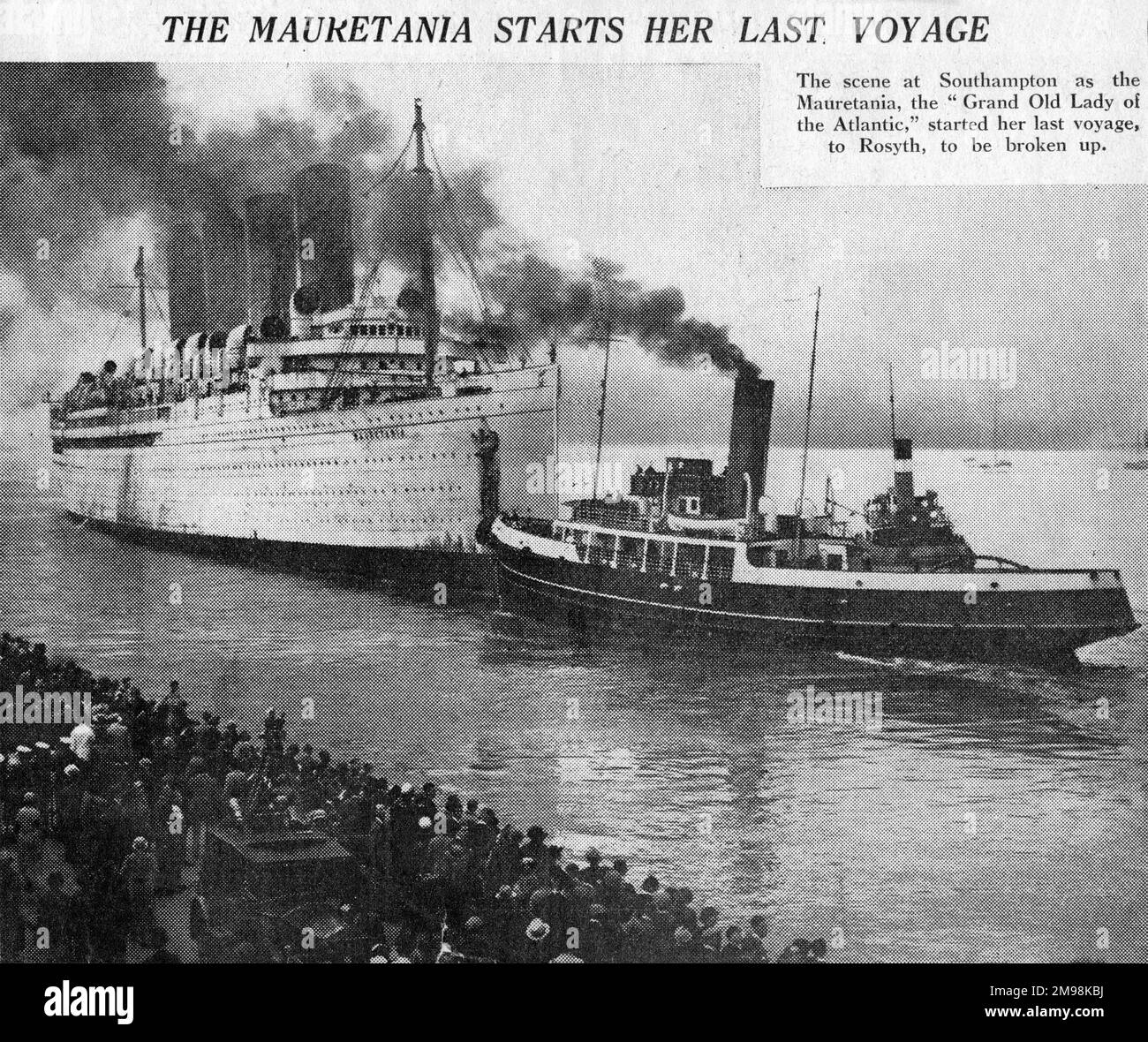 RMS Mauretania, Cunard Ocean Liner, verließ Southampton zum letzten Mal, unterwegs nach Rosyth, Schottland, wo sie getrennt werden sollte. Stockfoto
