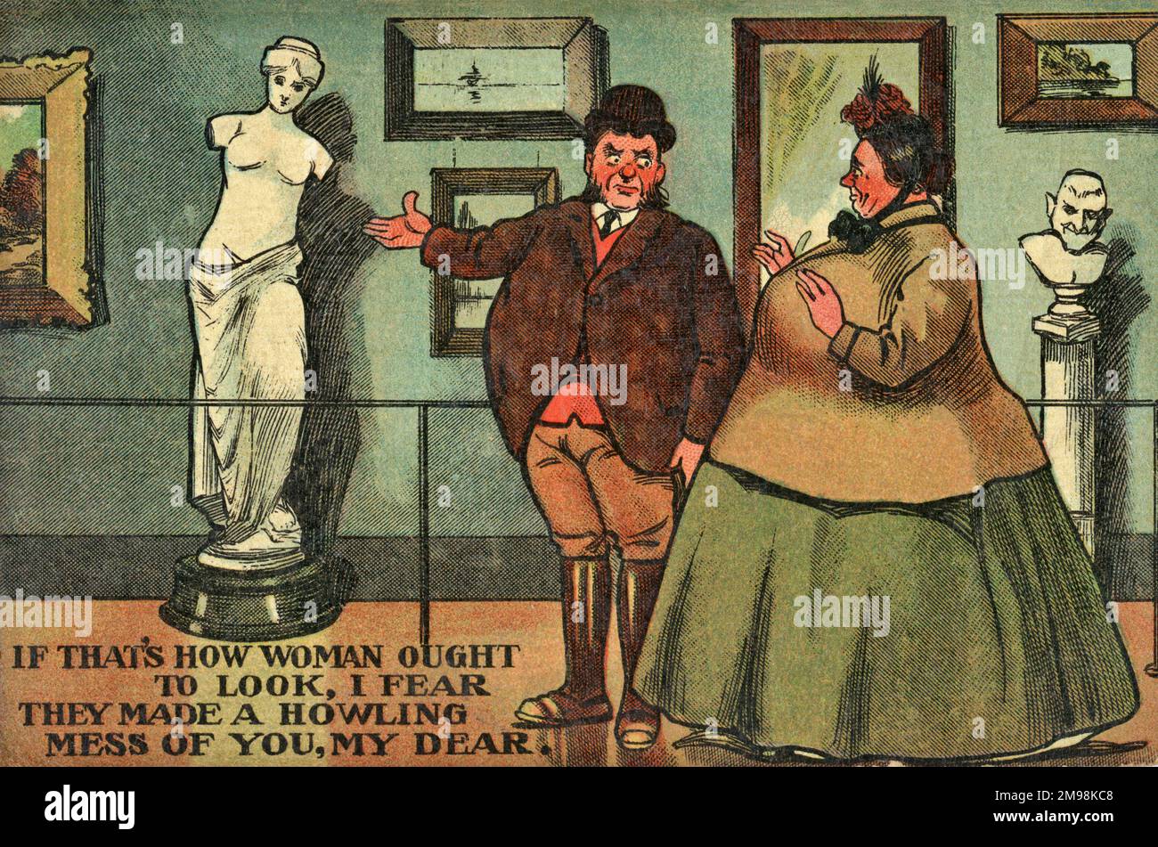 Comic-Postkarte, ein Paar in einer Kunstgalerie, wo die Venus von Milo ausgestellt ist -- wenn das so aussehen sollte, fürchte ich, dass sie ein heulendes Chaos aus dir gemacht haben, meine Liebe. Stockfoto