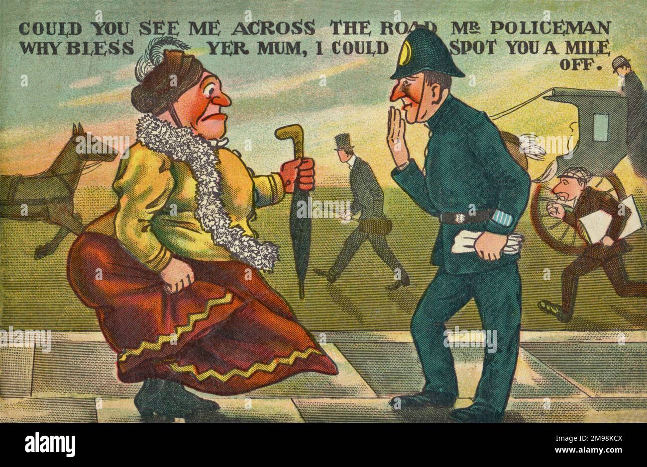 Comic-Postkarte, Frau und Polizist in einer Straße -- Könnten Sie mich auf der anderen Straßenseite sehen, Mr. Polizist? - Gott segne deine Mutter, ich könnte dich eine Meile weit weg sehen. Stockfoto