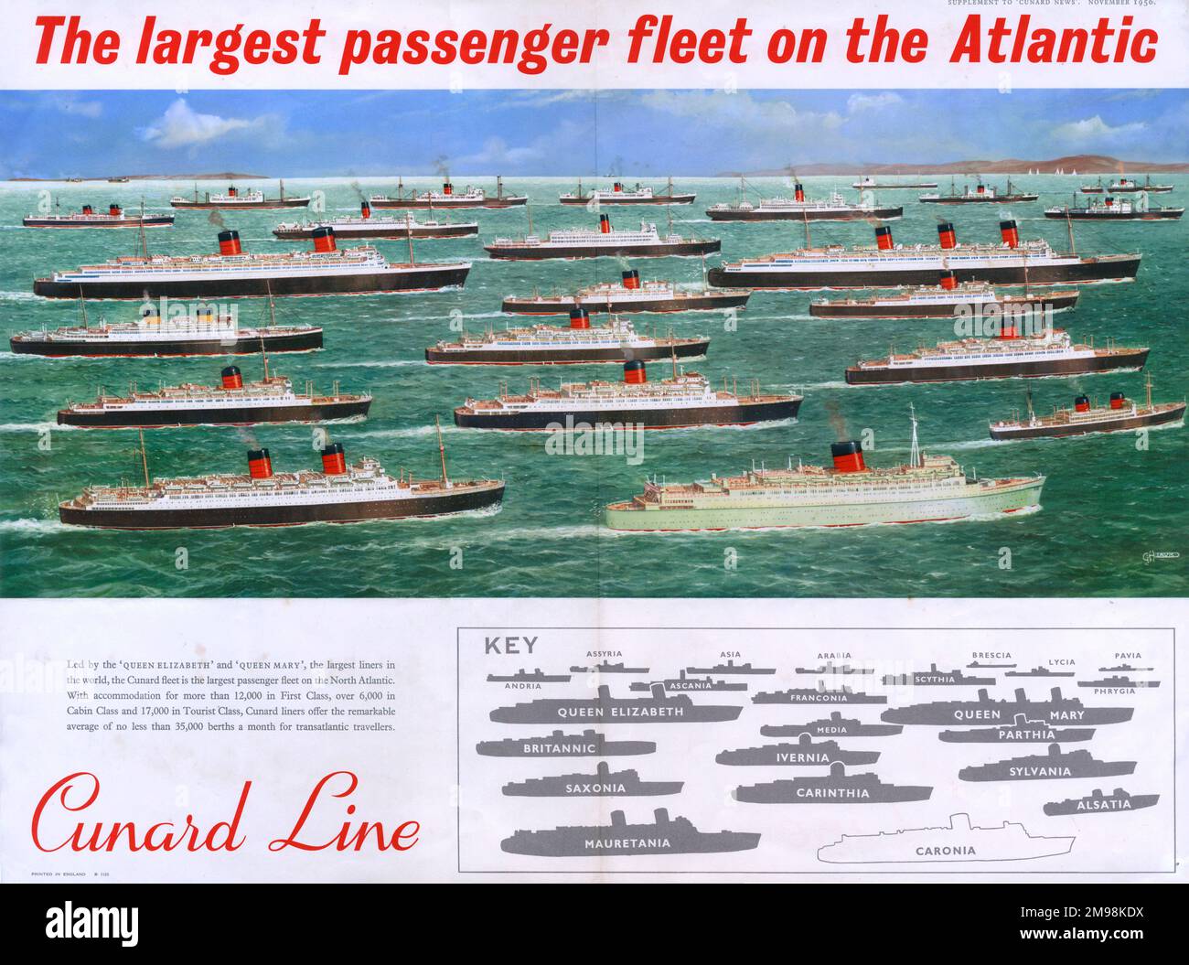 Cunard Line Poster - die größte Passagierflotte auf dem Atlantik. Wir zeigen die Flotte der Schiffe, angeführt von Königin Elizabeth und Königin Mary, zusammen mit einem Schlüssel, November 1956. Stockfoto