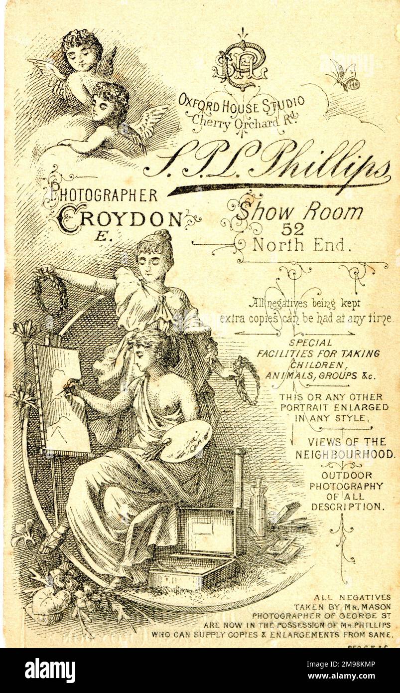 Carte de Visite, S. P. L. Phillips, Fotograf, Oxford House Studio, Cherry Orchard Road und Ausstellungsraum am North End, East Croydon. Stockfoto