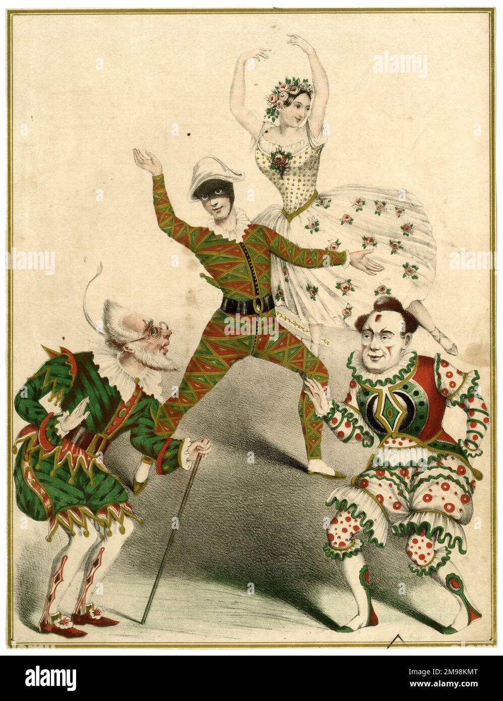 Pantomime-Figuren, Commedia dell'Arte - Clown, Harlekin, Columbine und Pantaloon. Stockfoto