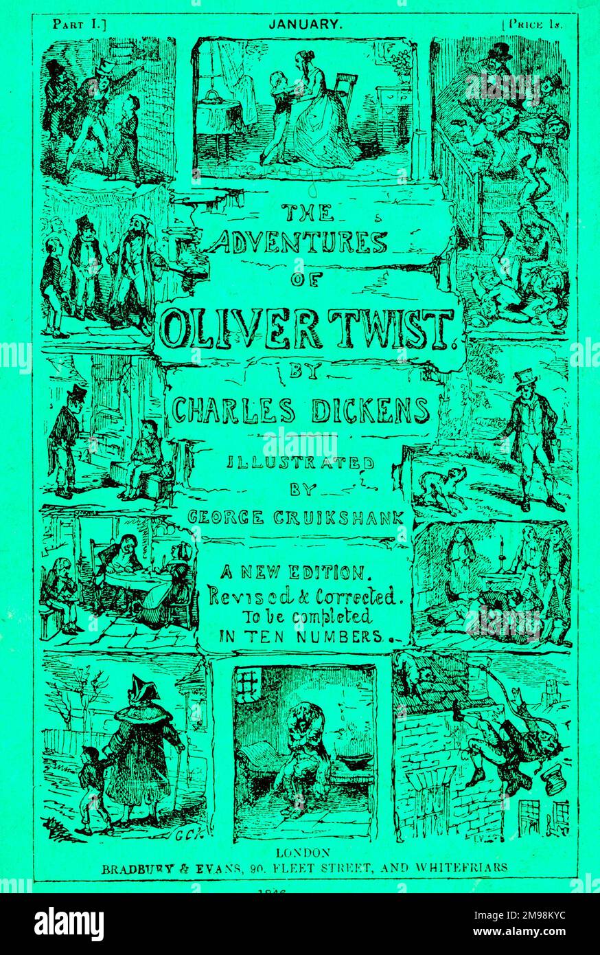 Wrapper Design, erste Monatsausgabe des Romans Oliver Twist von Charles Dickens, mit Illustrationen von George Cruikshank, vom Januar 1846. Stockfoto