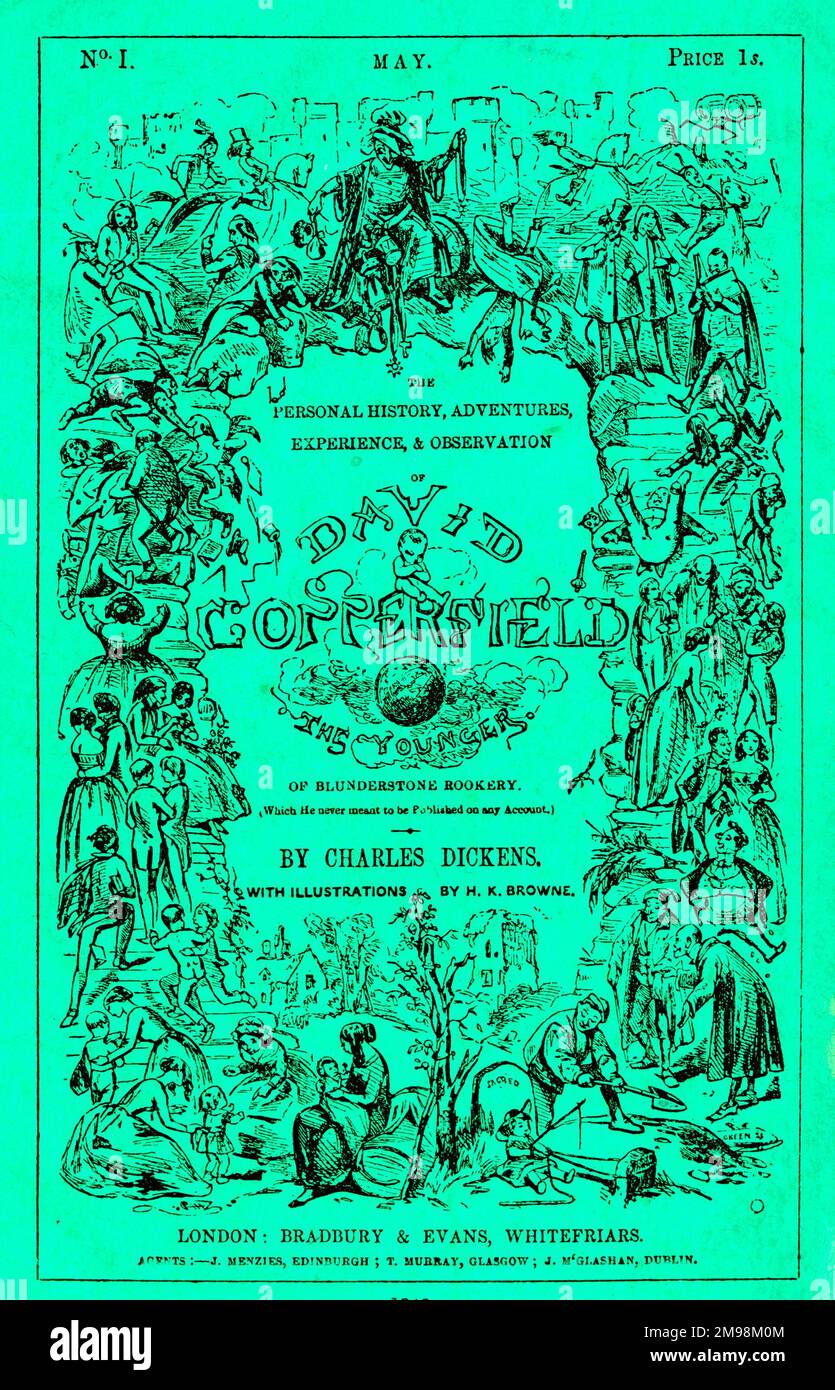 Cover-Design, erste Ausgabe der Serienausgabe des Romans David Copperfield von Charles Dickens, mit Illustrationen von H K Browne, vom Mai 1849. Stockfoto