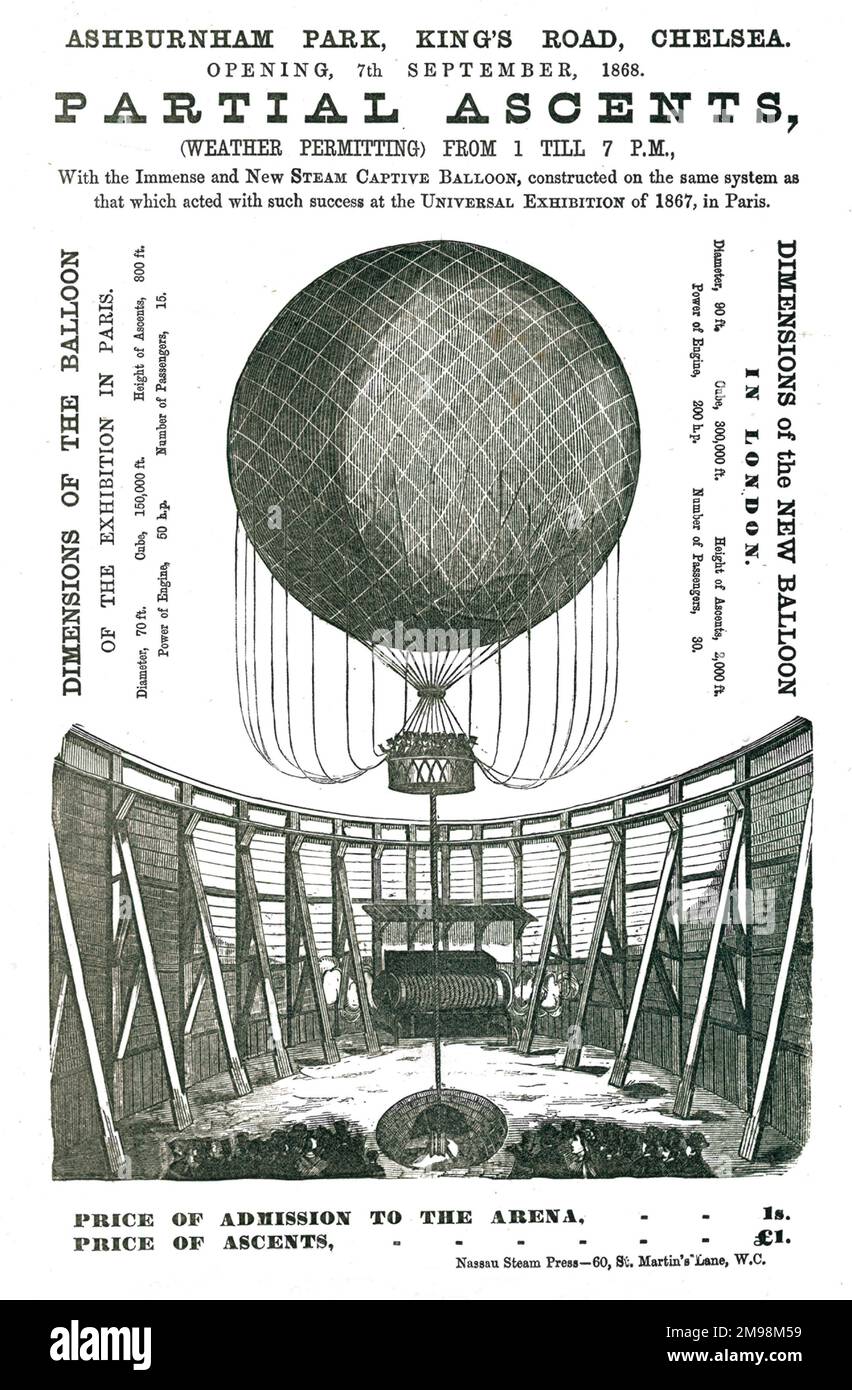 Poster mit Werbung für den teilweisen Aufstieg des „New Steam Captive Balloon“, Ashburnham Park, King's Road, Chelsea, September 7. 1868 Stockfoto