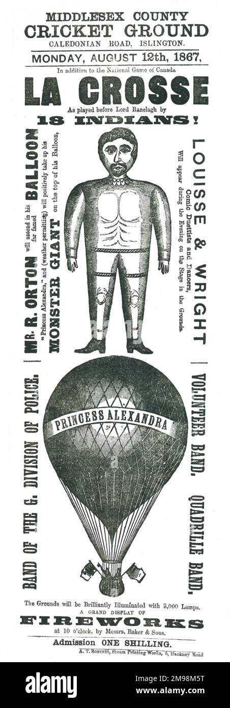 Poster, das den Aufstieg von Mr. R. Orton im Ballon „Prinzessin Alexandra“ und seinem „Monsterriesen“, Cricket Ground von Middlesex County, anpreist - Montag, den 12. 1867. August. Stockfoto