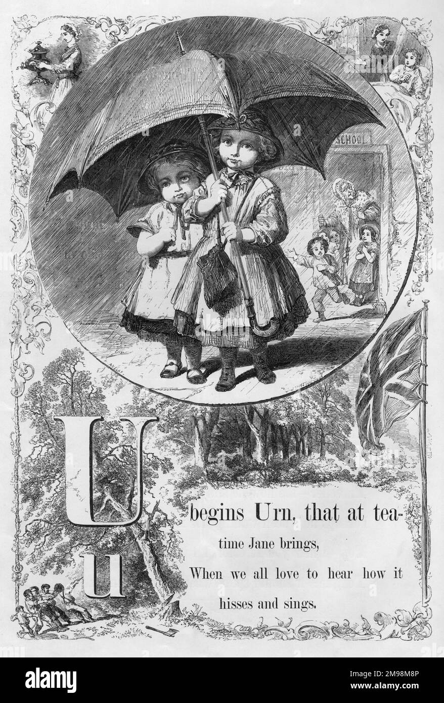 Das Mutterbild-Alphabet -- U, zeigt zwei Kinder, die sich vor dem Regen unter einem Schirm schützen. Stockfoto