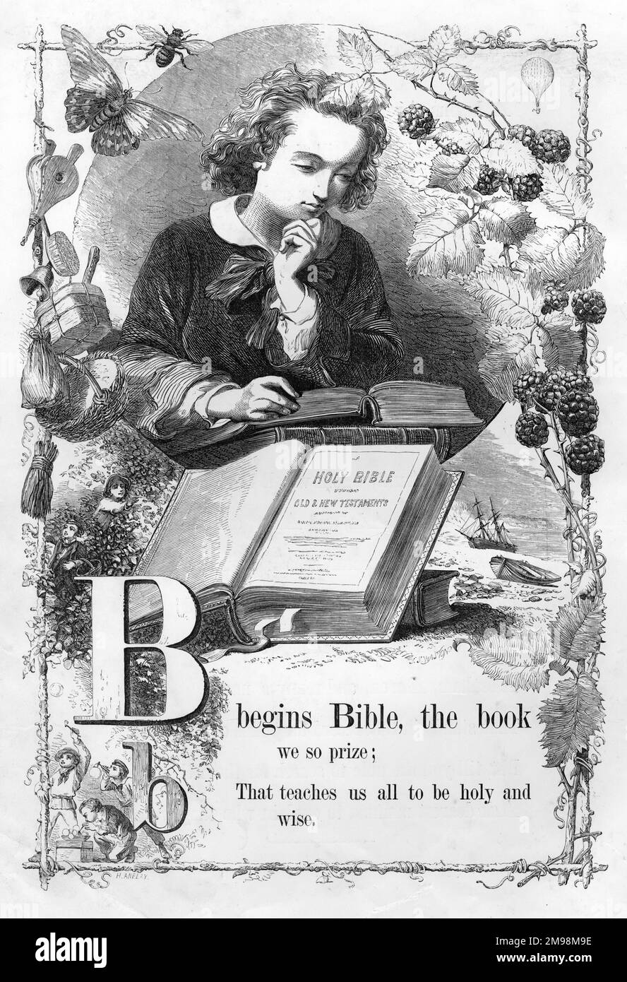 Das Mutterbild-Alphabet -- B, zeigt einen Jungen, der eine Bibel liest. Stockfoto