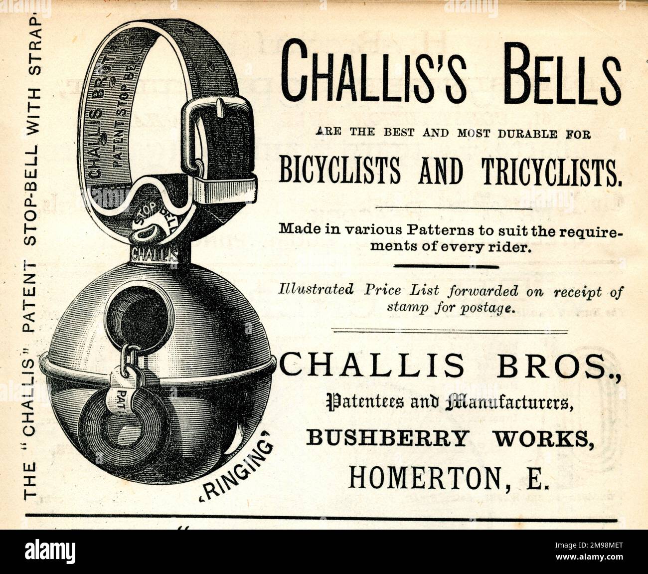 Werbung, Challis Bros, Homerton, London, Bicycle Bells. Stockfoto