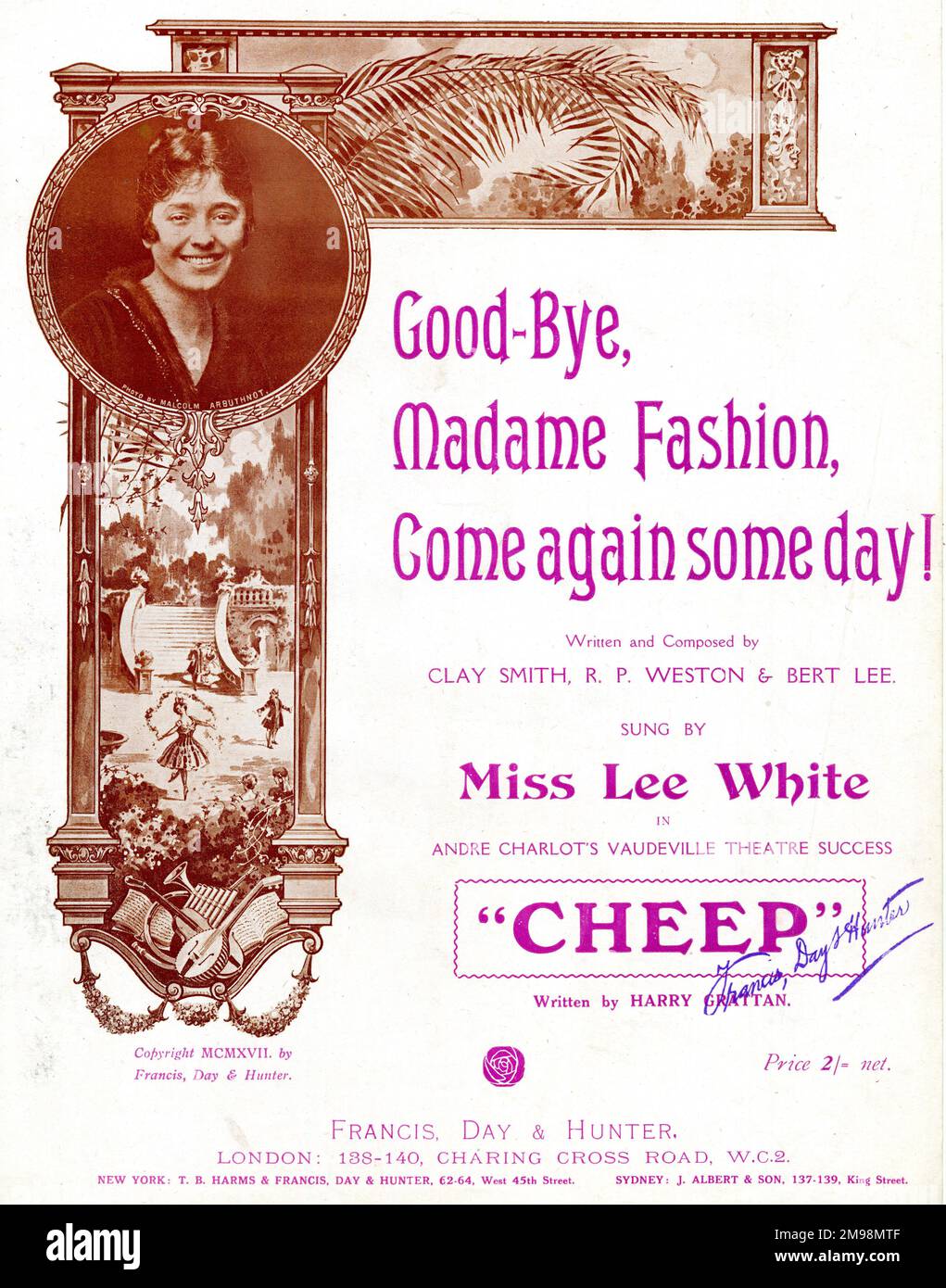 Musik-Cover, auf Wiedersehen, Madame Fashion, kommen Sie eines Tages wieder! Gesungen von Miss Lee White in einem Vaudeville Theatre-Erfolg, Cheep. Stockfoto