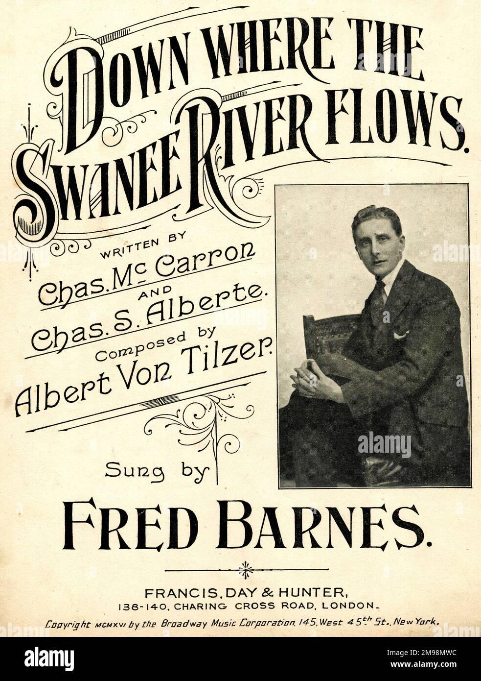 Musik-Cover, Down Where the Swanee River Flows, geschrieben von Charles McCarron und Charles S. Alberte, komponiert von Albert von Tilzer, gesungen von Fred Barnes. Stockfoto