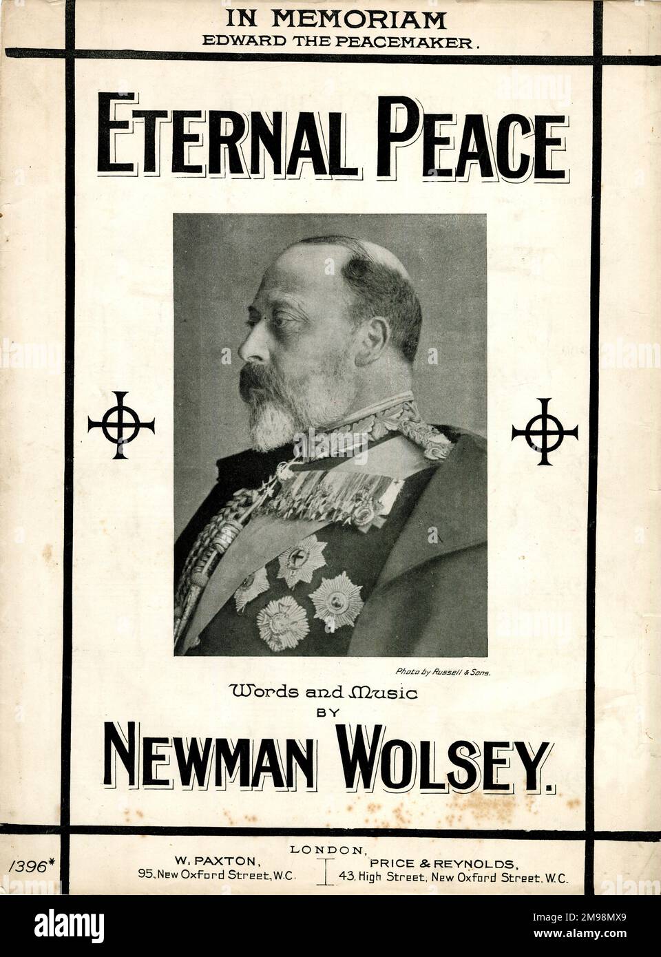 Musikcover Ewiger Frieden, zum Gedenken an Edward, den Friedensstifter, über den Tod von König Edward VII, Worte und Musik von Newman Wolsey. Stockfoto