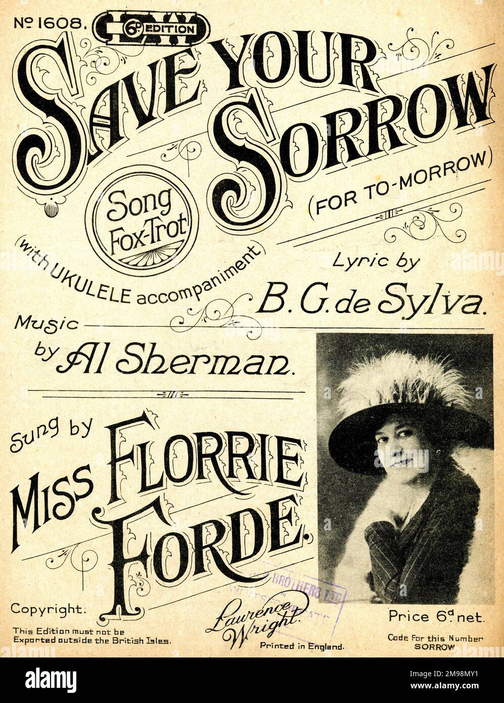 Titelseite: "Spar dir deine Trauer für To-Morrow", Text von B G de Sylva, Musik von Al Sherman, gesungen von Florrie Forde. Stockfoto