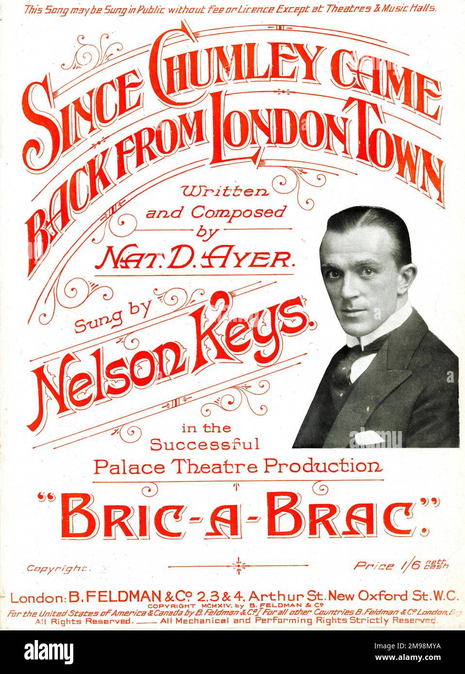 Musikcover, seit Chumley aus London Town zurückkam, geschrieben und komponiert von Nat D Ayer, gesungen von Nelson Keys in der Palace Theatre-Produktion von Bric-a-Brac. Stockfoto