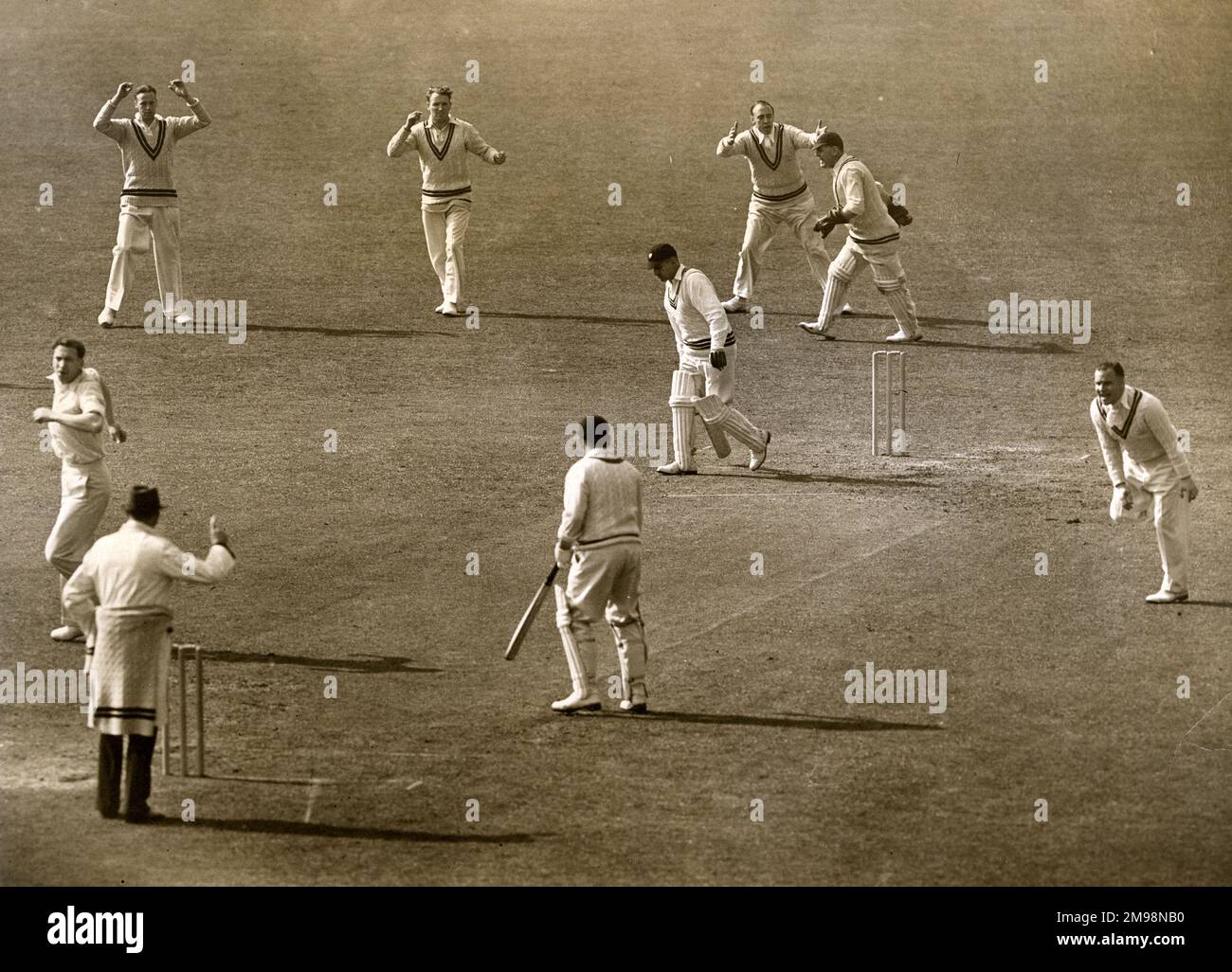 County Cricket Match im Oval im Jahr 1939 – ein Wicket ist gerade gefallen und liegt hinter dem Ziel zurück. Der Bowler scheint der Surrey-Spieler Alf Gover zu sein. Stockfoto