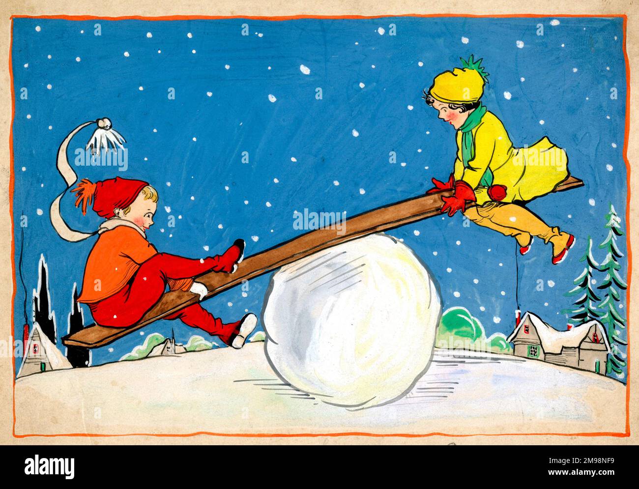 Weihnachtskarte - Kinder auf einer Schneeballsäge. Stockfoto