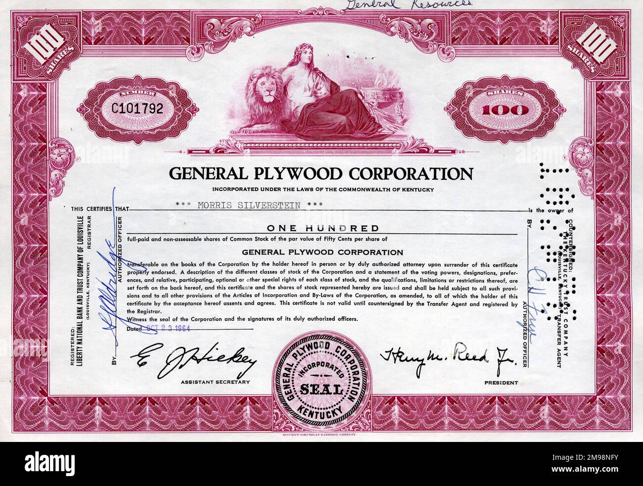 Aktienzertifikat - General Plywood Corporation, 100 Aktien. Stockfoto