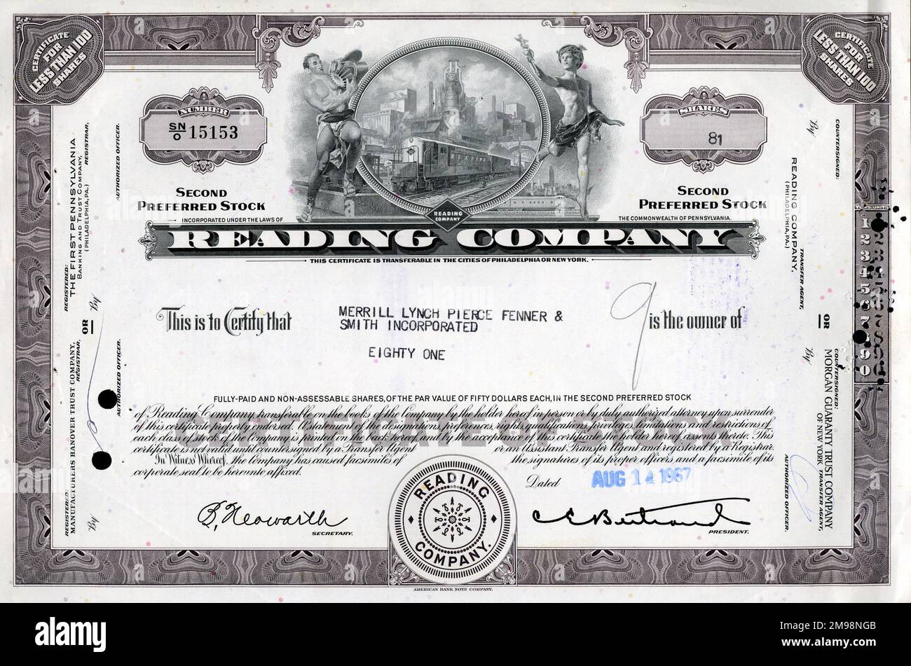 Aktienzertifikat - Reading Company, 81 Aktien. Stockfoto
