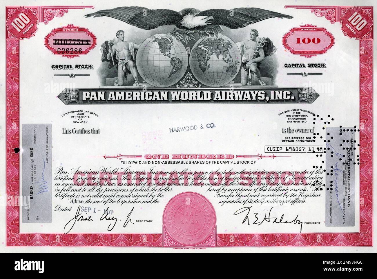 Aktienzertifikat - Pan American World Airways Inc, 100 Aktien. Stockfoto