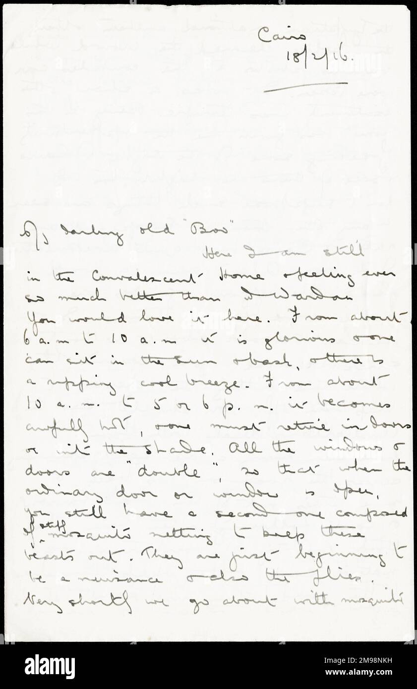 Erste Seite eines Schreibens vom 18. Februar 1916 von Albert Auerbach von den Royal Fusiliers an seine Schwester Lucy aus Kairo, Ägypten, wo er nach den Aktivitäten seines Regiments während der Evakuierung von Gallipoli in einem Genesungsheim mit posttraumatischem Stress war. Stockfoto