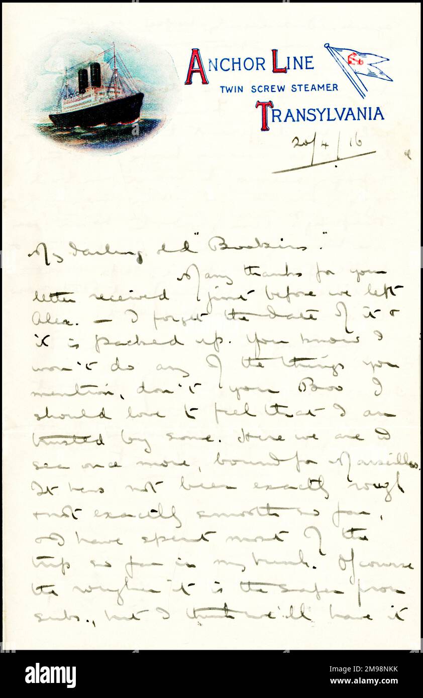 Erste Seite eines Schreibens vom 20. April 1916 von Albert Auerbach von den Royal Fusiliers an seine Schwester Lucy von der Anchor Line Dampfeinheit Transsilvanien. Das Schiff transportierte Albert und seine Kameraden nach Marseille, von wo aus sie an der Westfront aktiv werden wollten. Stockfoto