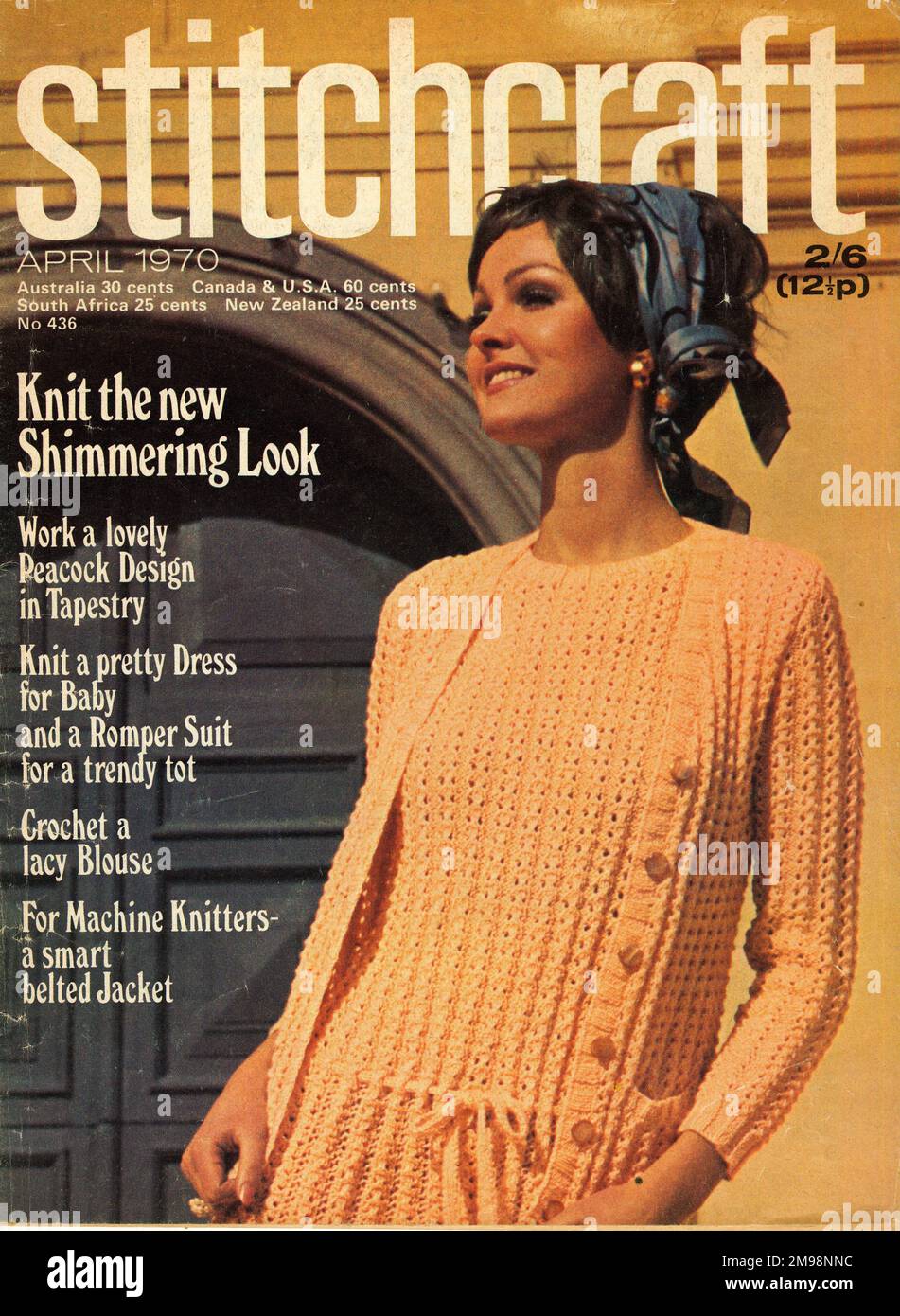 Titelseite des Stitchcraft Magazins, April 1970 -- Damenmode Strickmode. Stockfoto