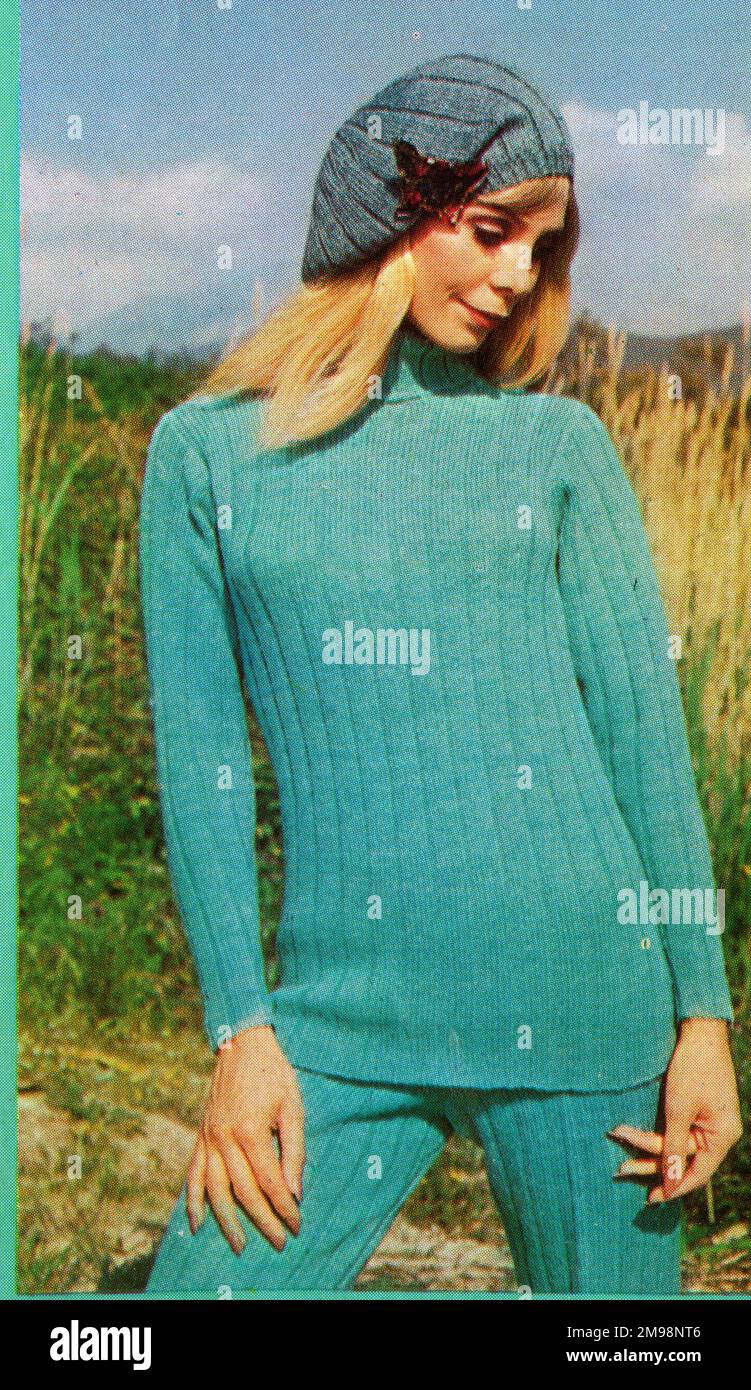 Strickmuster, Damenmode Strickoberteil und Hose. Stockfoto