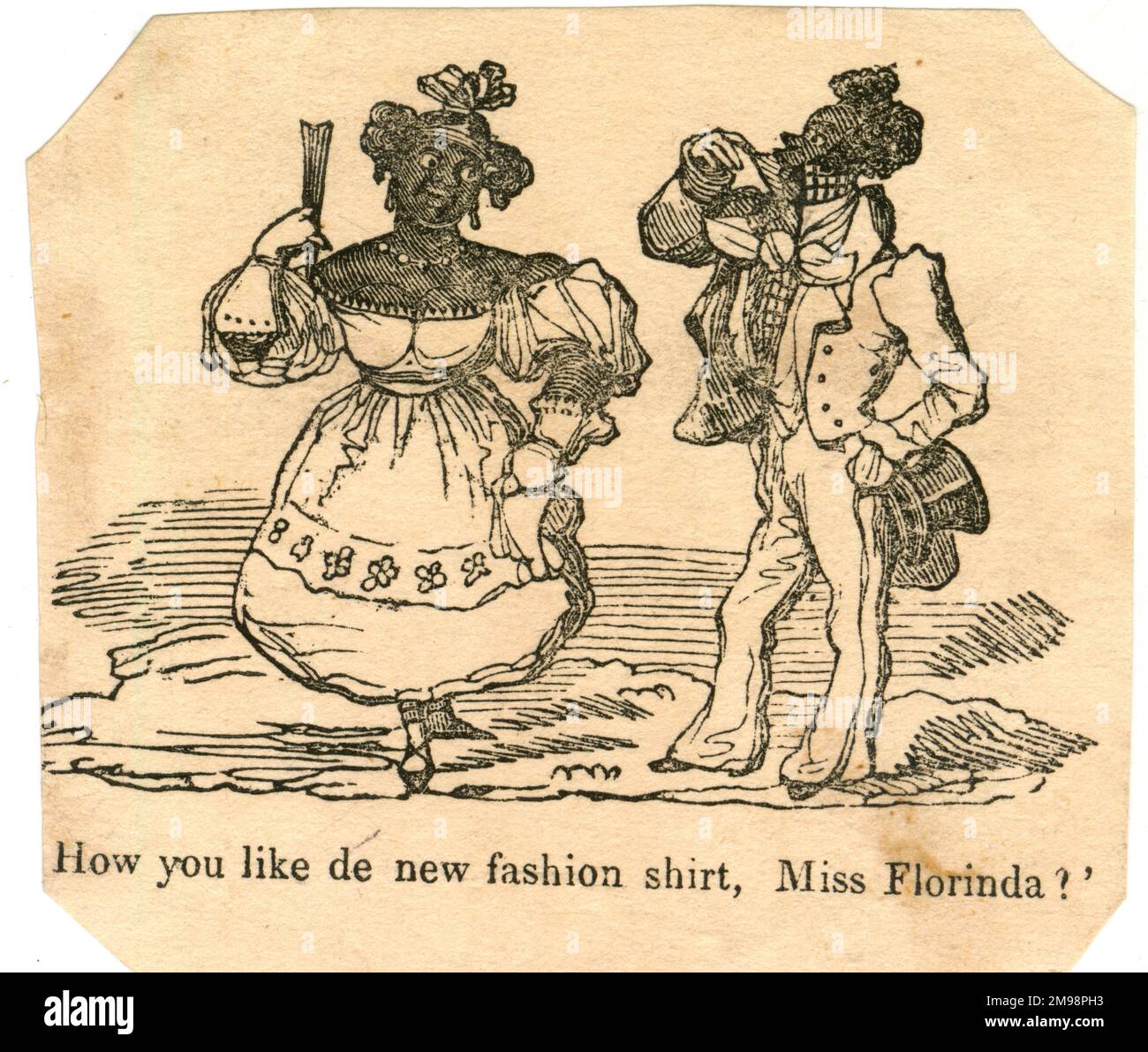 Cartoon, schwarze Stereotypen... ein Gentleman Bewunderer fragt Miss Florinda, was sie von seinem neuen Hemd hält. Stockfoto