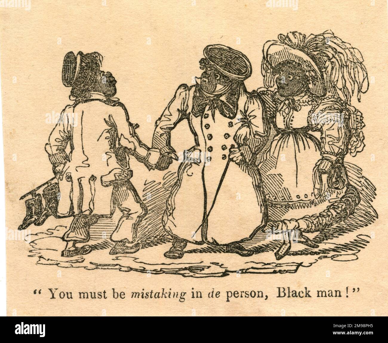 Cartoon, Frau und zwei Männer, schwarze Stereotypen. Stockfoto