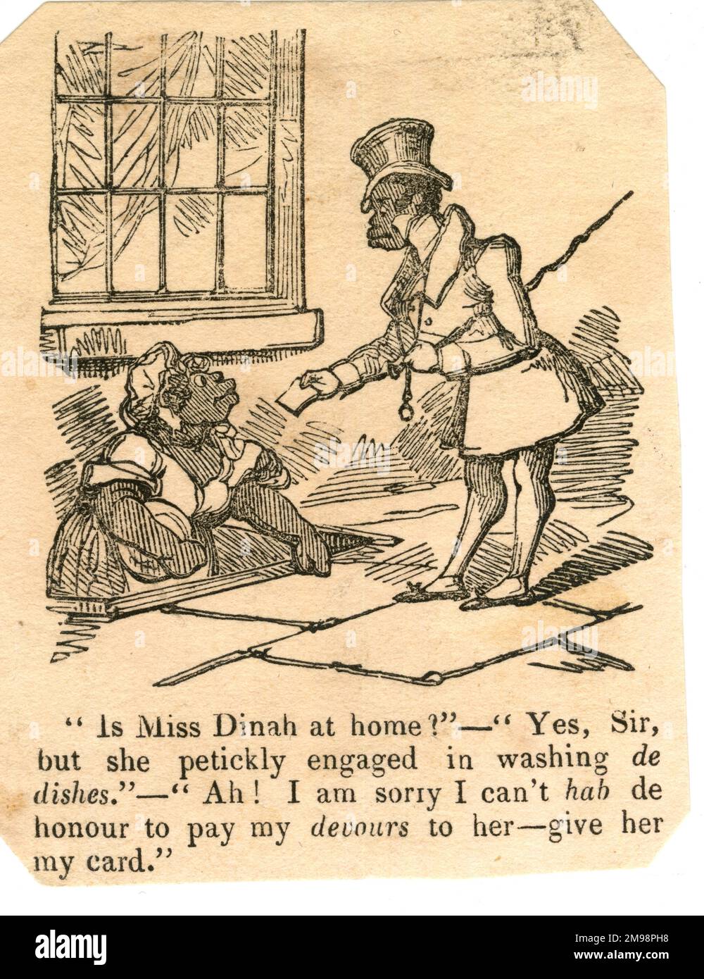 Cartoon, Gentleman-Anrufer für Miss Dinah, schwarze Stereotypen. Stockfoto