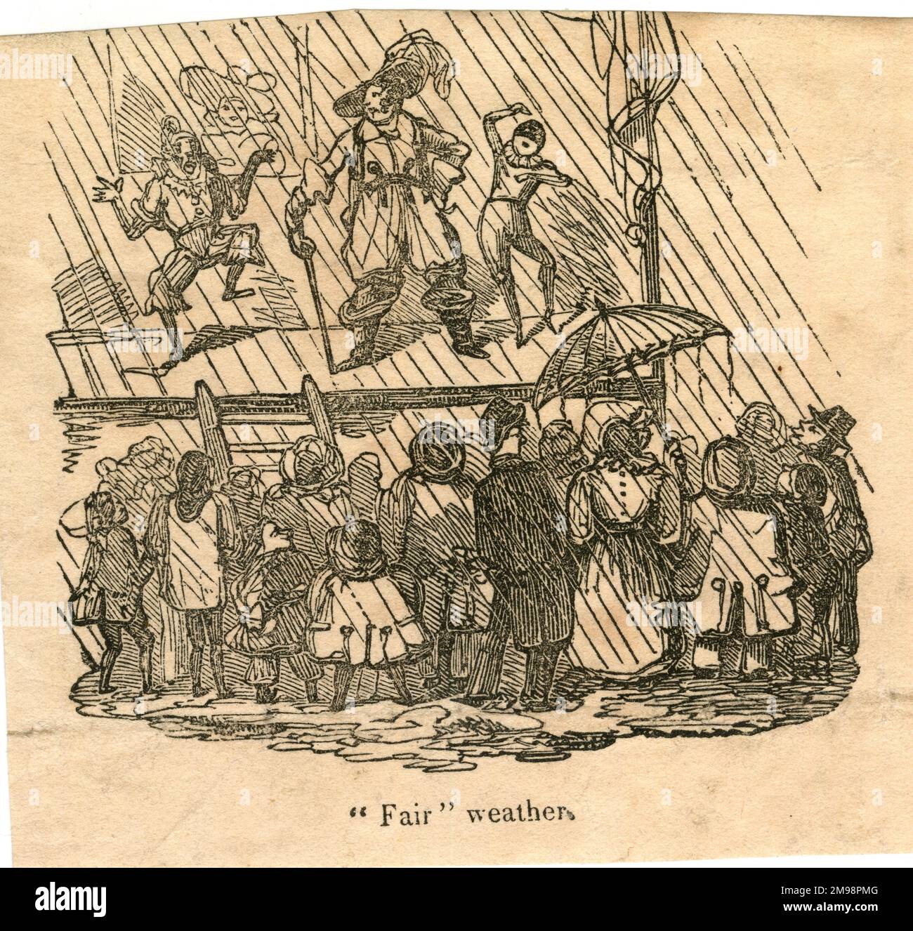 Cartoon, Fair Weather - Schauspieler und Zuschauer im Regen. Stockfoto