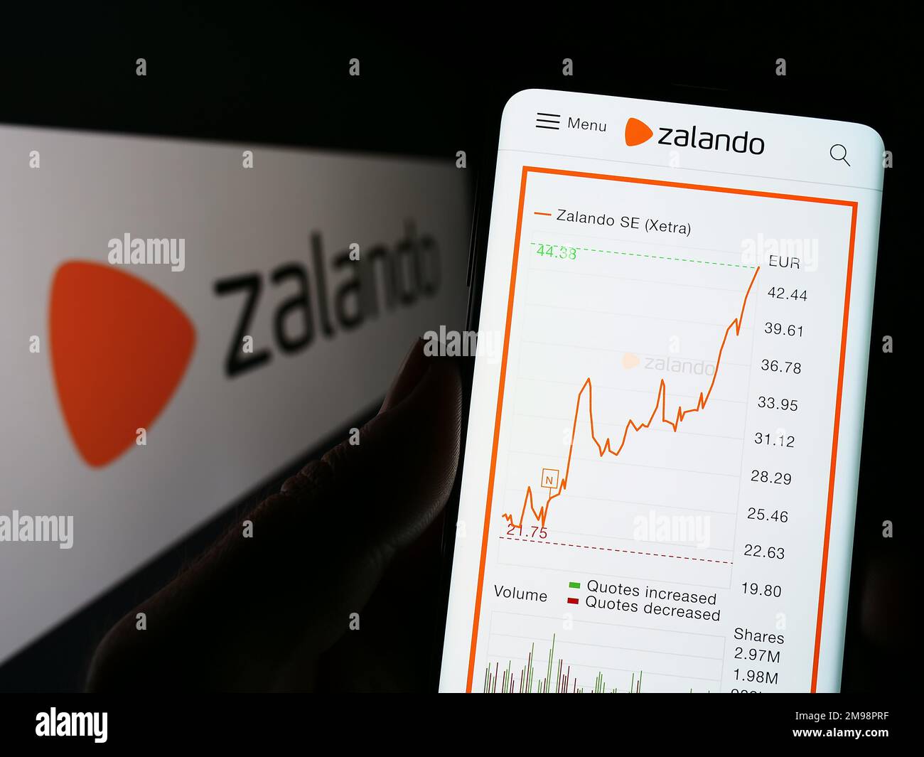 Person, die ein Mobiltelefon mit einer Webseite des deutschen E-Commerce-Unternehmens Zalando SE auf dem Bildschirm vor dem Logo hält. Konzentrieren Sie sich auf die Mitte des Telefondisplays. Stockfoto