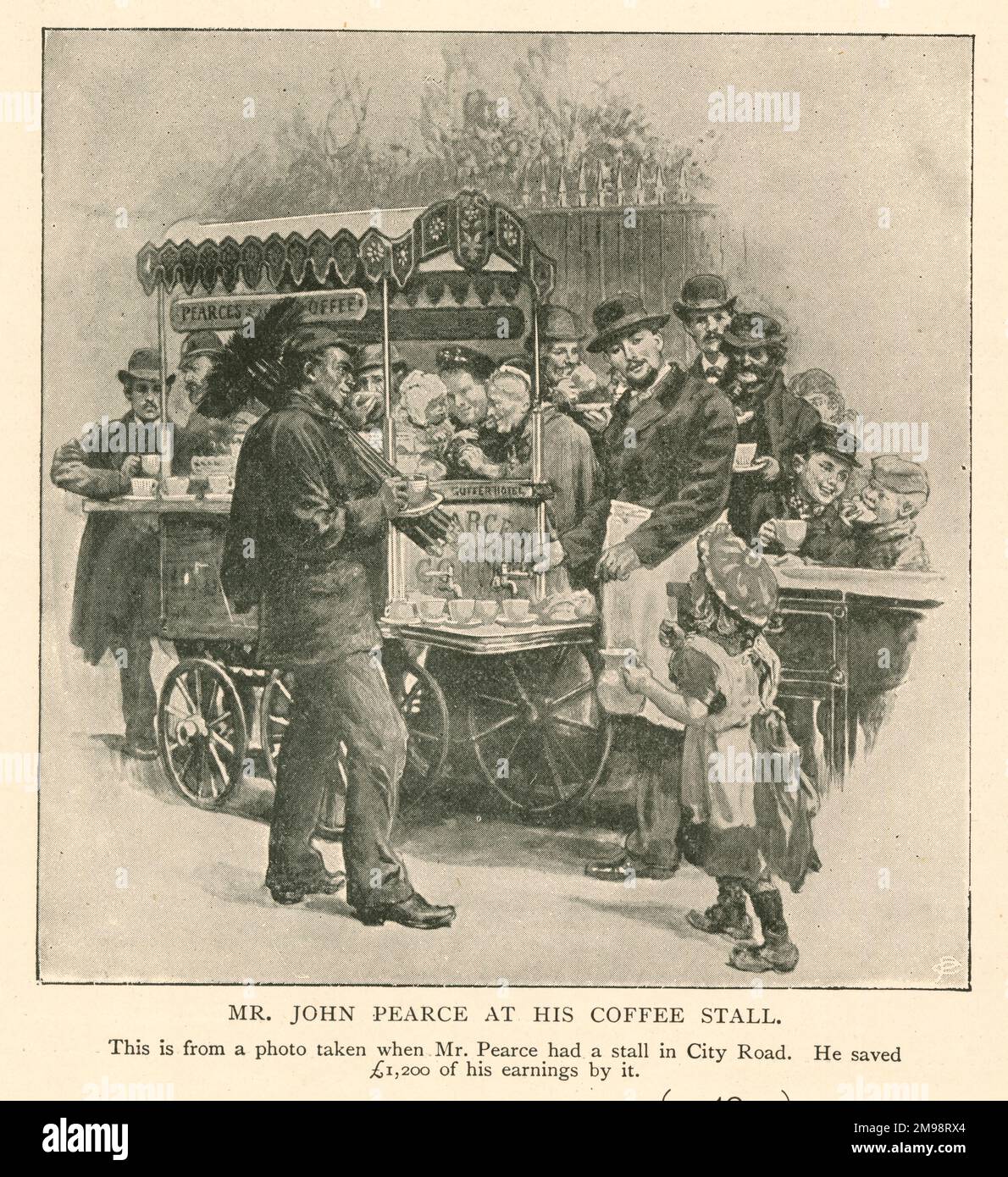 John Pearce an seinem Kaffeestand in City Rd, London – mit dem Erlös gründete er die British Tea Table Company. Stockfoto