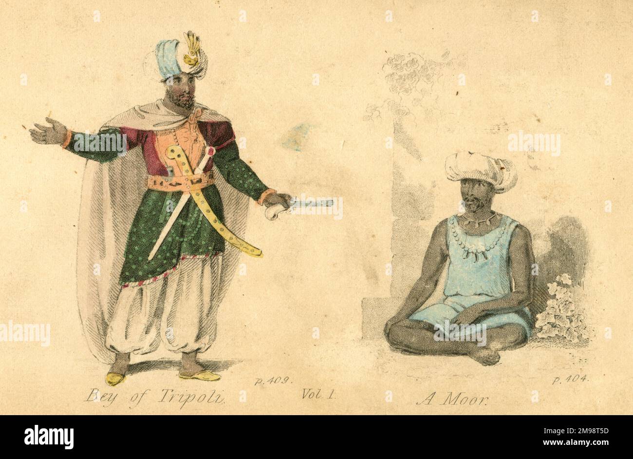 Bey von Tripolis (jetzt Libyen) und ein Maur (maurischer Mann). Stockfoto