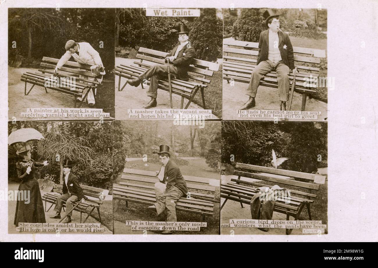 Ein humorvoller Postkartenkatalog in 6 Rahmen, die Gefahren, auf einer frisch bemalten Parkbank zu sitzen. Ein Stampfer „der freie Sitz und hofft, dass seine Dame ihn gerne begrüßt“ – aber er kann dann nicht aufstehen, um das Objekt seiner Zuneigung zu begrüßen, da er schnell an den neu bemalten Latten festklebt. Irgendwann ist sein einziger Fluchtweg, seine Hose aufzugeben! Stockfoto