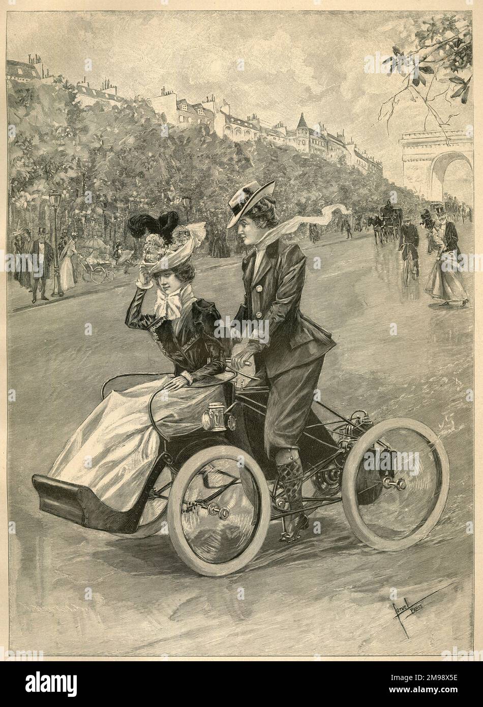 Ein frühes Motorrad und Beiwagen auf den Champs Elysees, Paris. Stockfoto