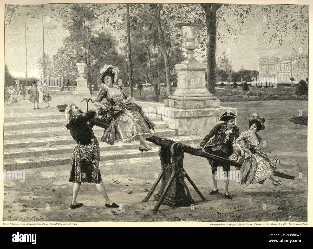 Zwei Frauen auf einer Schaukelsäge, begleitet von zwei Männern. Stockfoto