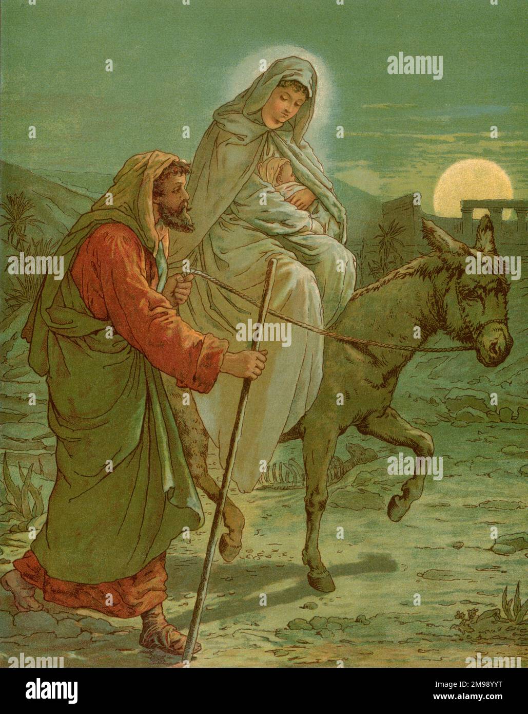 Biblische Geschichten von John Lawson, Mary und Josephs Flug nach Ägypten mit Baby Jesus. Stockfoto