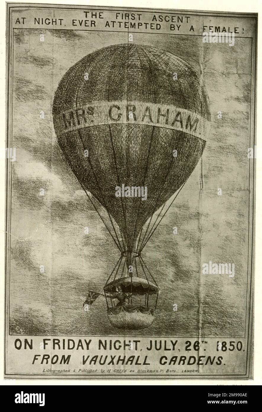 Erster Ballonaufstieg bei Nacht von einer Frau, Mrs. Graham aus Vauxhall Gardens, London, 26. Juli 1850. Stockfoto
