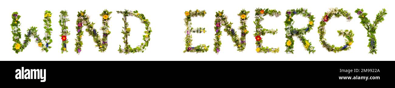 Blühende Blumenbriefe Gebäude Englischer Text Wind Energy Stockfoto