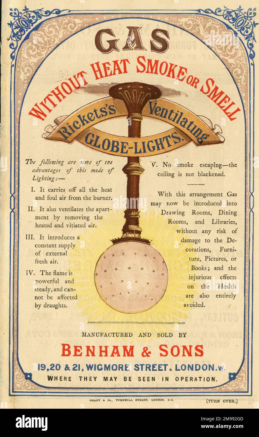 Werbespot, Benham & Sons, Wigmore Street, London – Rickets's Ventiating Globe Lights (Gas). Stockfoto