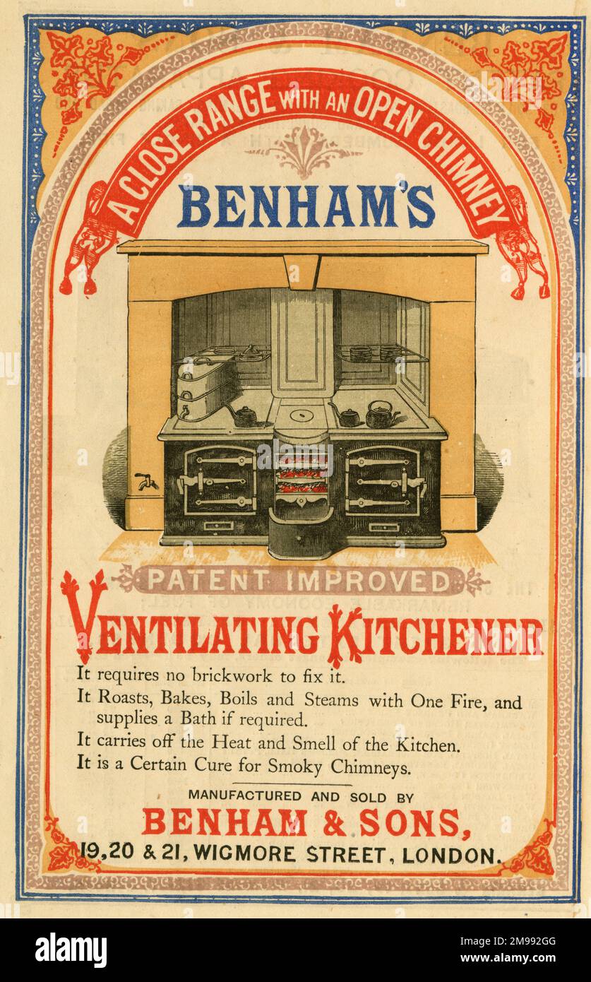 Werbespot, Benham & Sons, Wigmore Street, London – belüftende Küche, Herd mit offenem Schornstein. Stockfoto