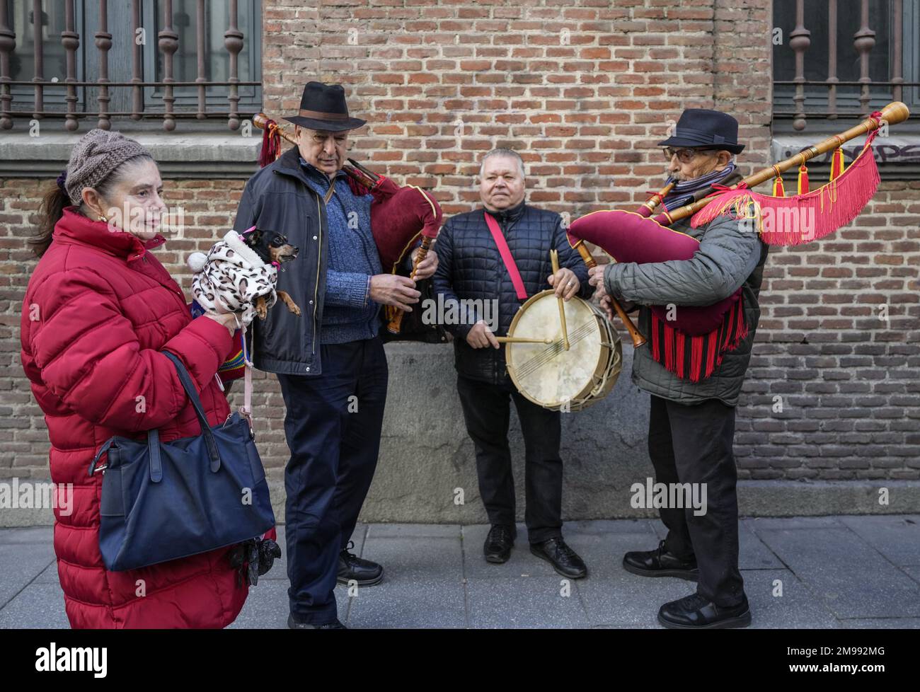 Madrid, Spanien. 17. Januar 2023. Eine Frau hält ihren Hund neben Musikern vor der Kirche San Anton (Heiliger Antonius), während Priester Tiere segneten, um den Tag des Heiligen Antonius, Spaniens schutzpatron der Tiere, in Madrid, Spanien, am Dienstag, den 17. Januar, zu feiern. 2023. Foto: Paul Hanna/UPI Credit: UPI/Alamy Live News Stockfoto